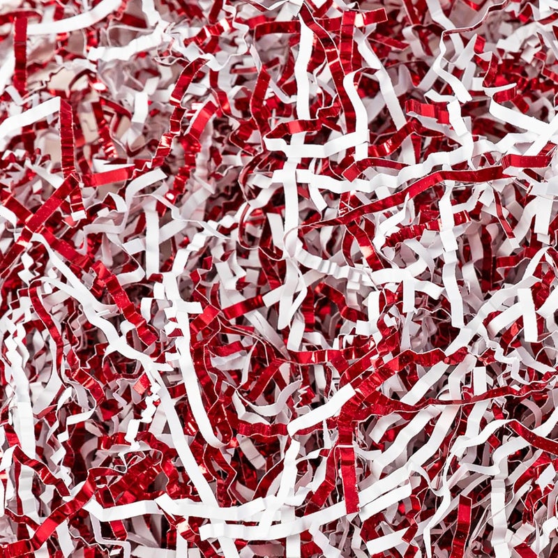 Gloreyan 1/2LB Crinkle Cut Paper Shred, Metallic Red White Raffia Paper Sherd Filler Grass for Christmas Valentine's Day Easter Gift Wrapping Basket Filling Birthdays Weddings Party Supply - Image 1
